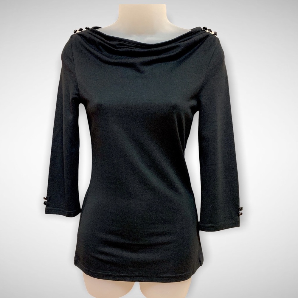 NWT Voodoo Vixen Celine Black Bateau Neckline Button Accent Soft Stretch Top XS